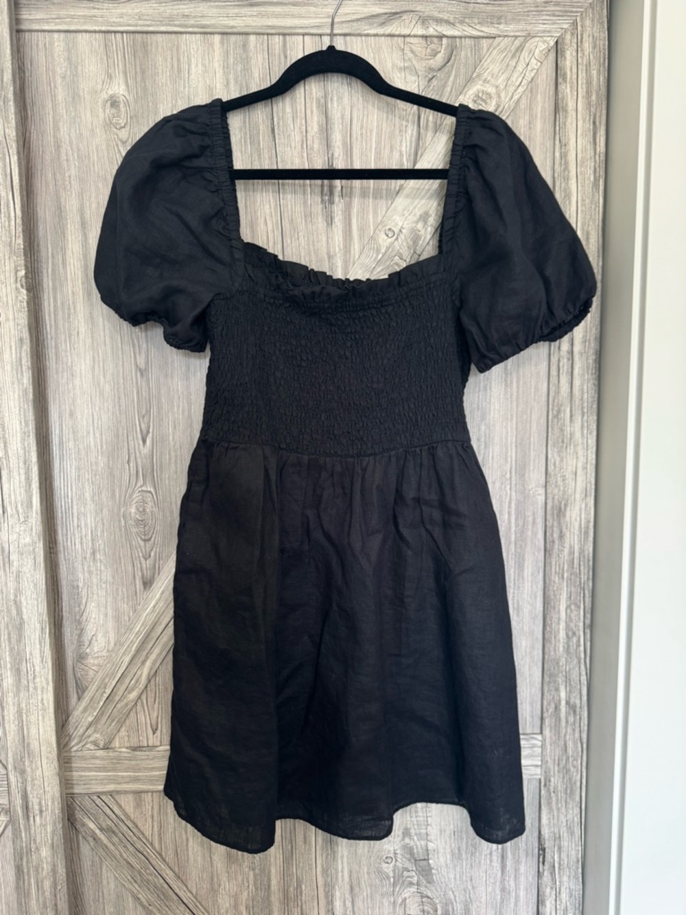 J. Crew Black Smocked Mini Dress with Puff Sleeve Detail